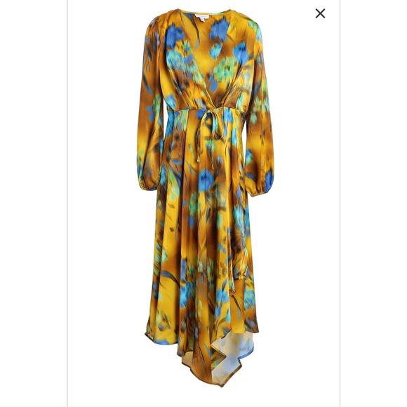 TOPSHOP Blurred Floral Waterfall Hem Wrap Midi Occasion Dress in Green and Blue - Picture 9 of 14
